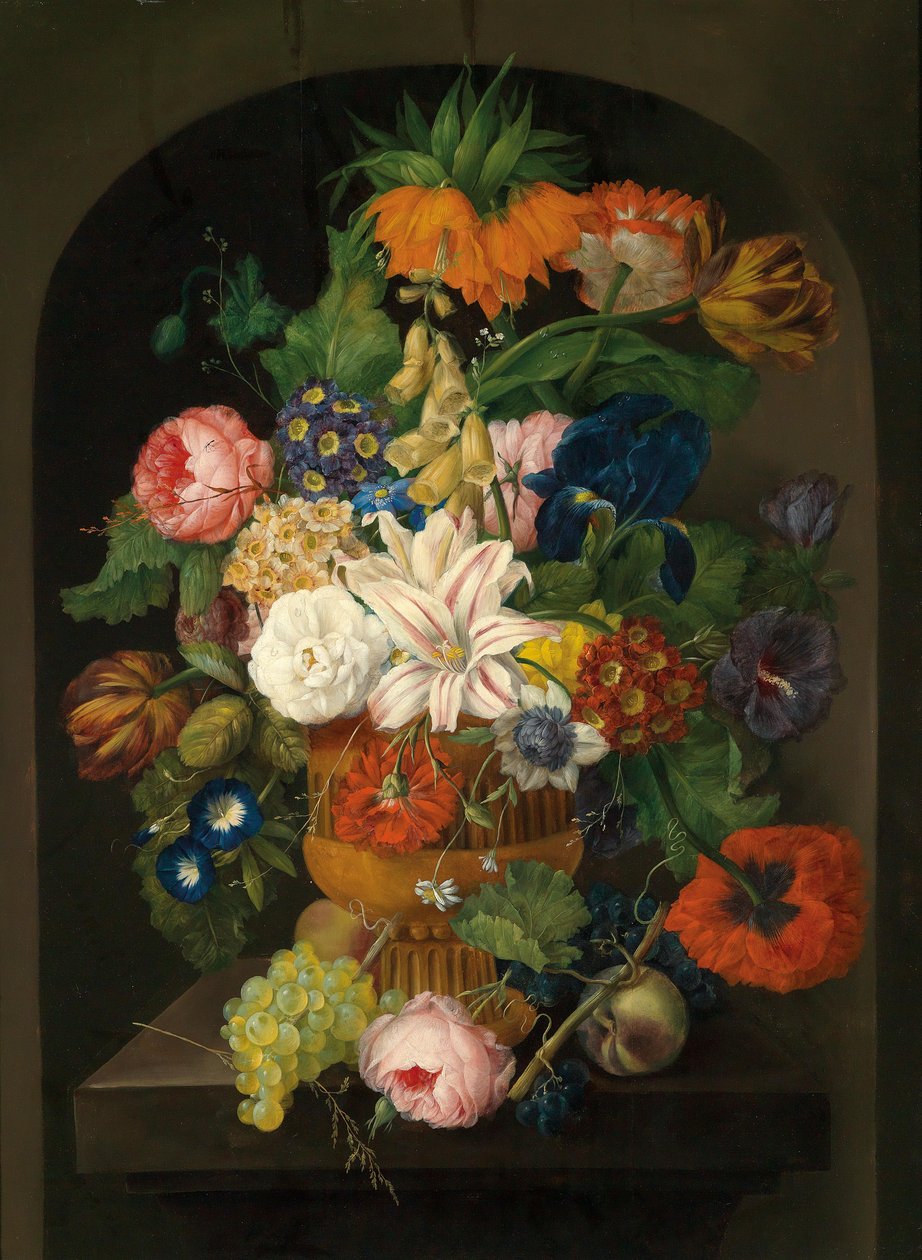 Stilleben af ​​blomster med druer af Johann Baptist Drechsler