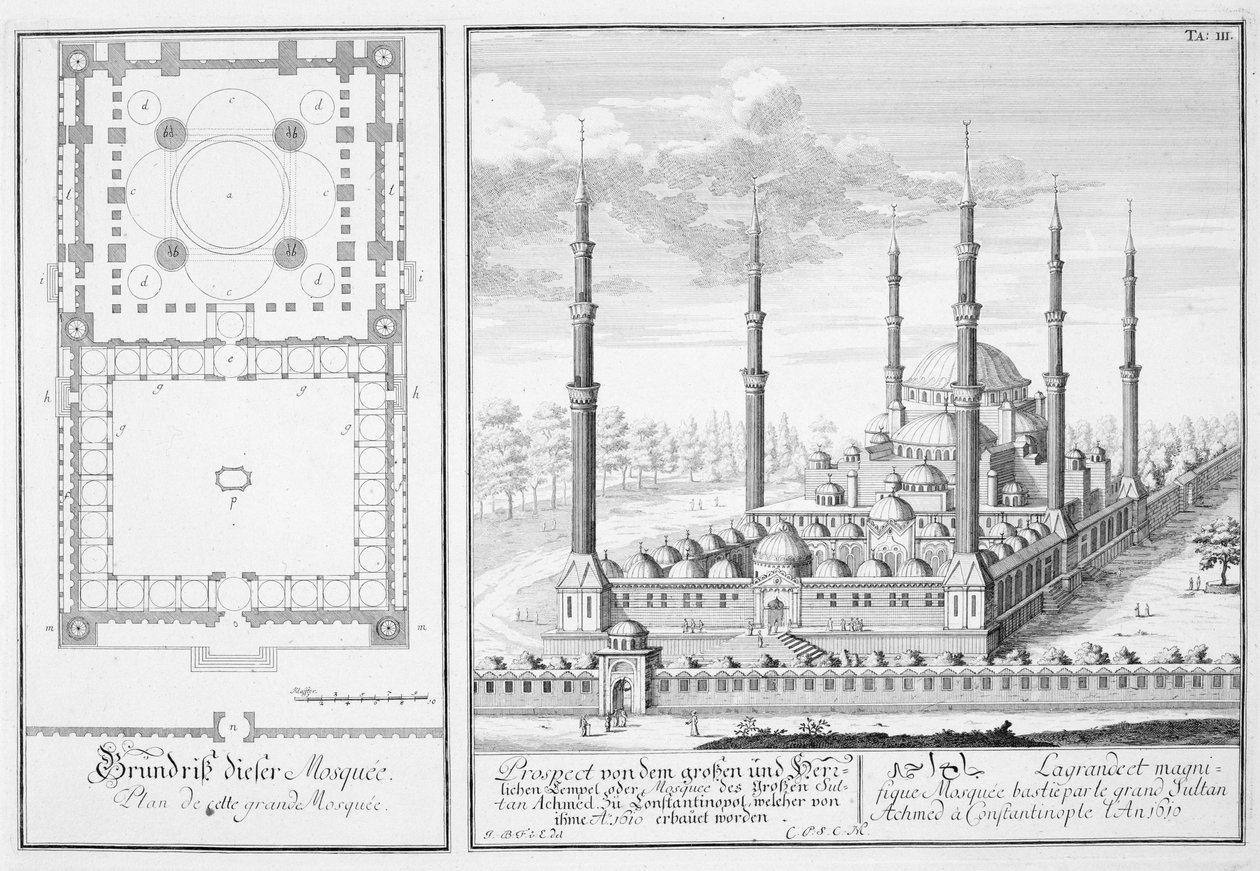 Plan og udsigt over Den Blå Moske (1609-16), bygget af Sultan Ahmed I (1603-17), Istanbul, fra 