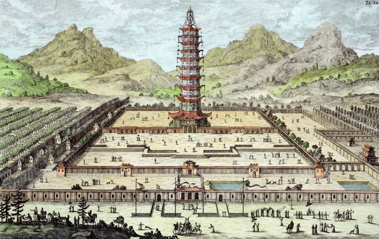 Porcelænstårnet i Nanking, planche 12 fra "Entwurf einer historischen Architektur", graveret af Johann Adam Delsenbach (1687-1765) 1721 (senere farvelægning) af Johann Bernhard Fischer von Erlach