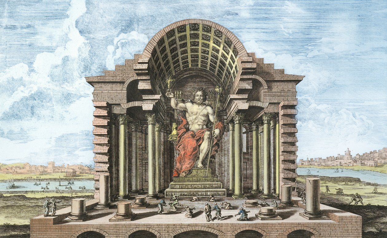 Statuen af den olympiske Zeus af Phidias, planche 5 fra "Entwurf einer historischen Architektur", graveret af Johann Adam Delsenbach (1687-1765) 1721 (senere farvelægning) af Johann Bernhard Fischer von Erlach