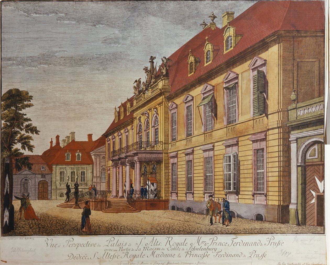 Prins Ferdinand af Preussens palads, Berlin (håndfarvet gravering) af Johann Carl Wilhelm Rosenberg