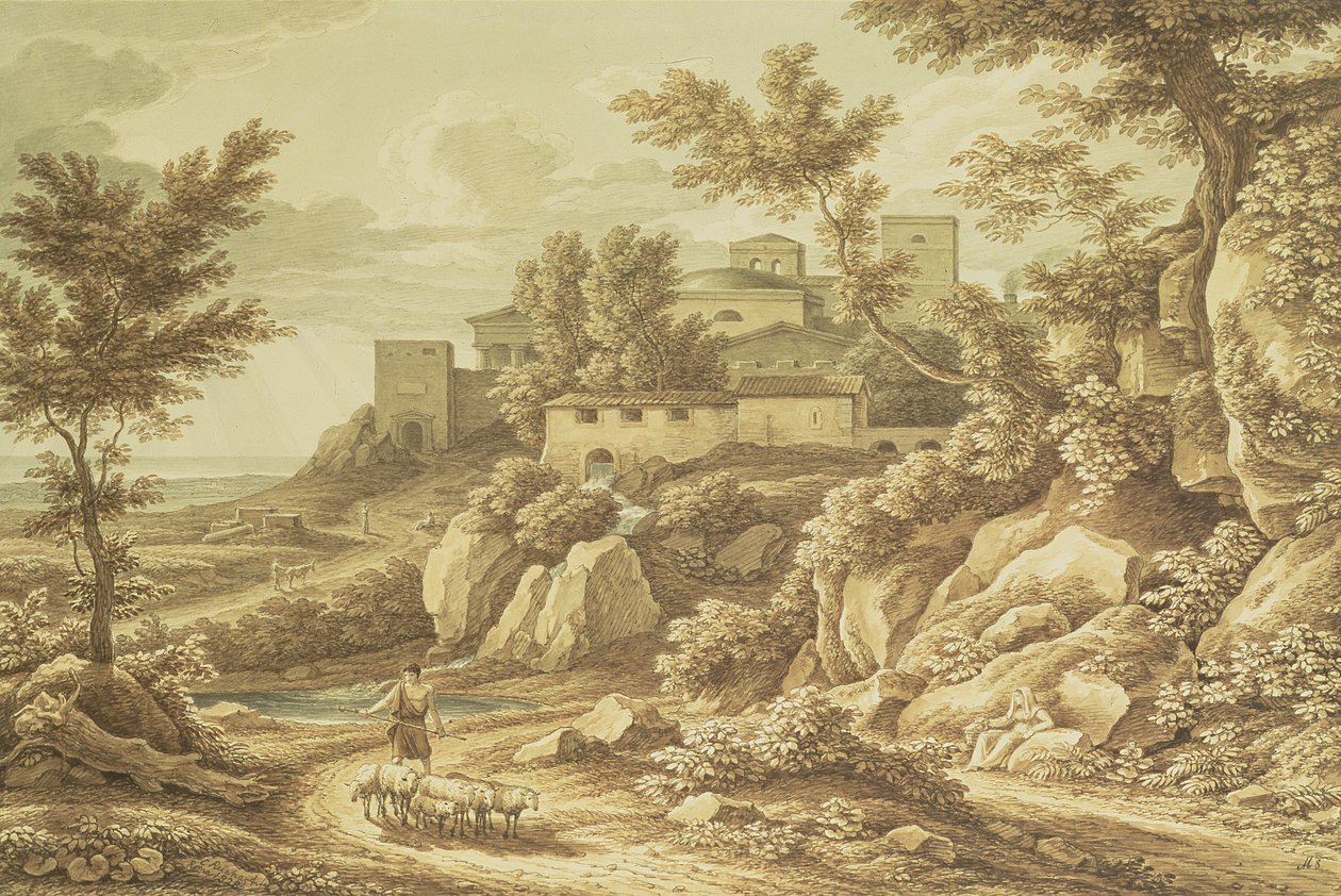 Klassisk landskab med hyrde, 1828 (pen og blæk, vask, blyant og wc) af Johann Christian Reinhart