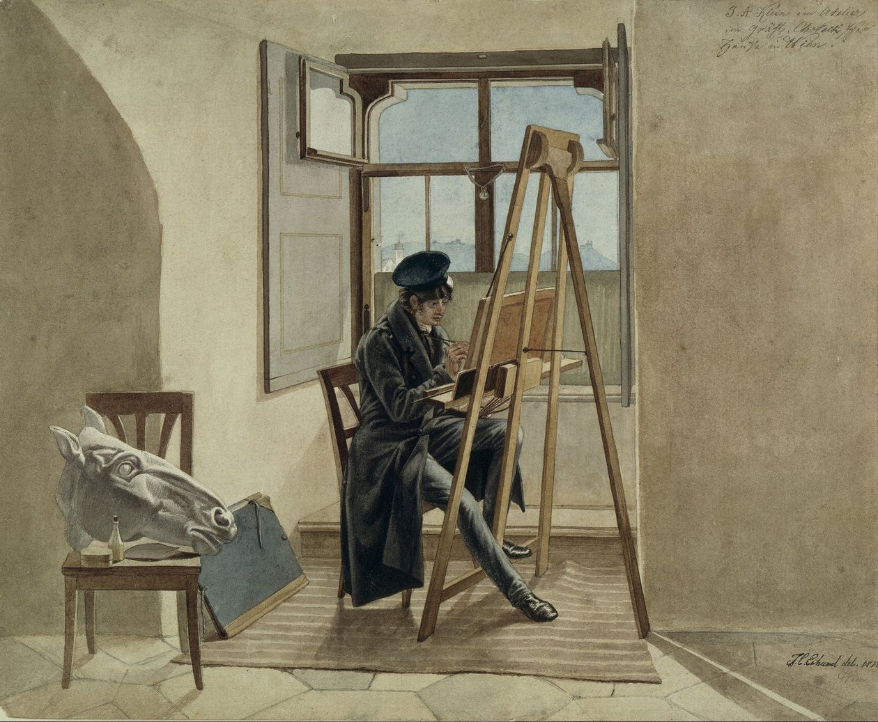 Maleren Johann Adam Klein ved staffeliet i sit atelier i Palais Chotek i Wien af Johann Christoph Erhard