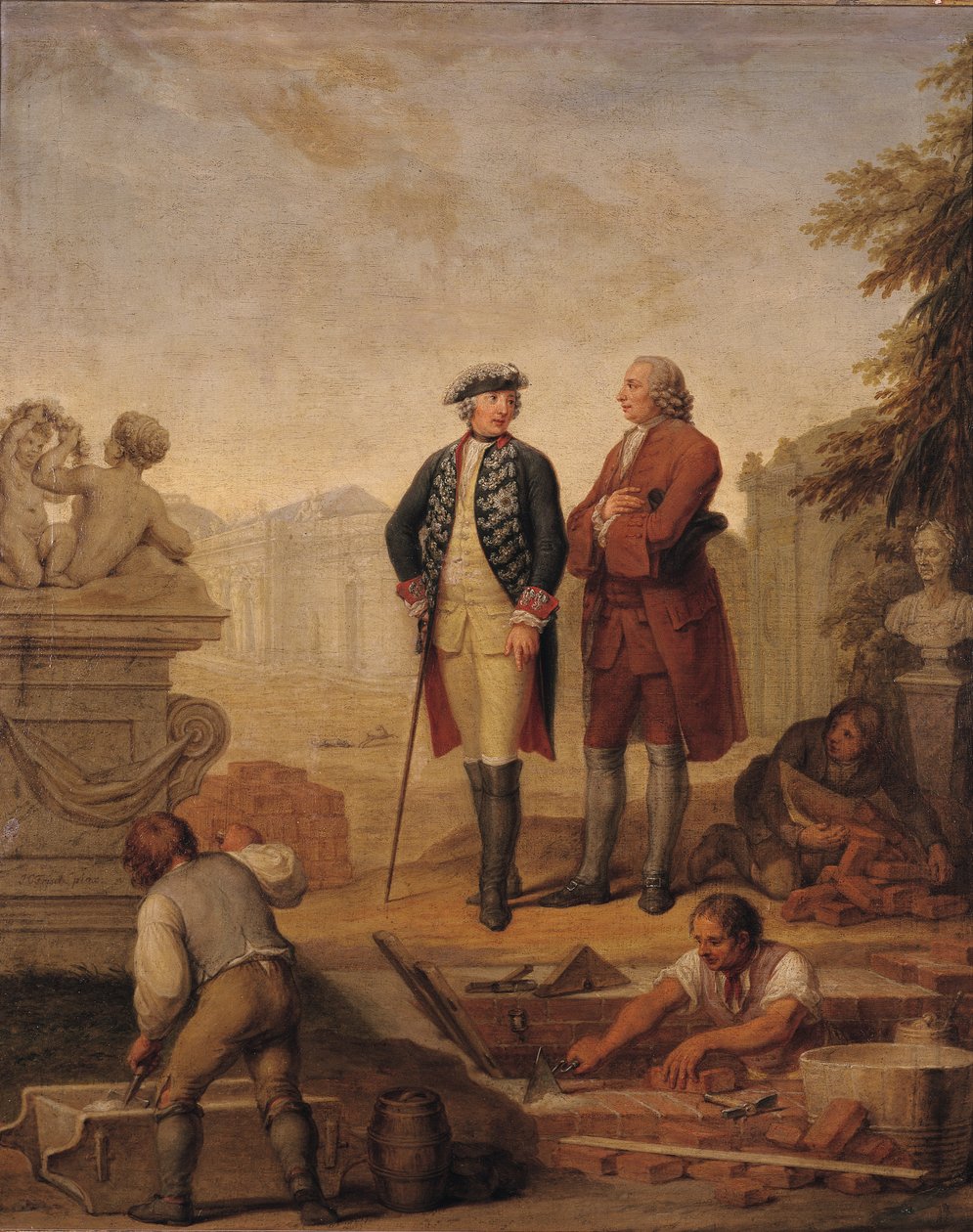 Kong Frederik II af Preussen (1712-86) og markisen af Argens (1704-1771) inspicerede byggeriet af Sanssouci i Potsdam af Johann Christoph Frisch