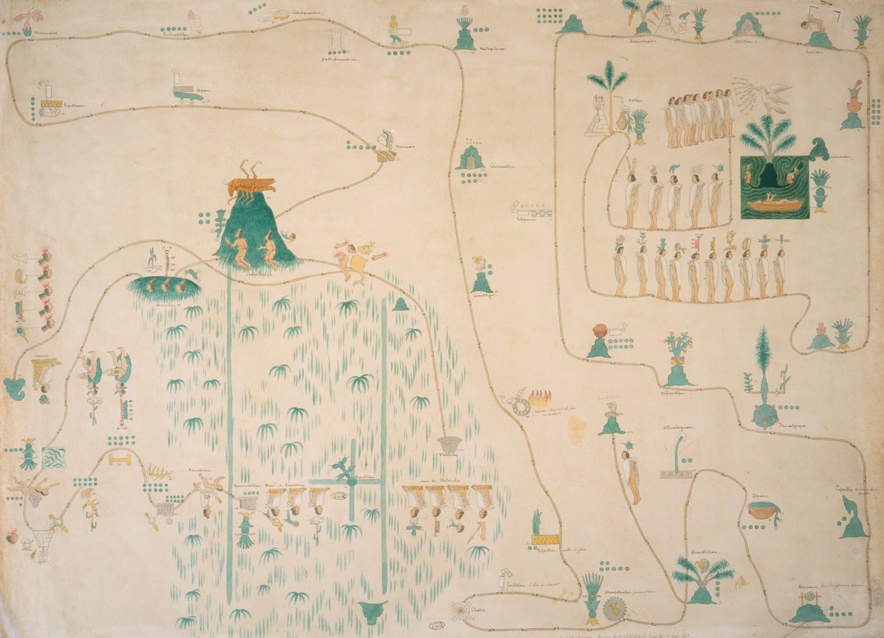 Glyfkort over aztekernes migration fra Aztlan til Tenochtitlan, udgivet ca. 1830 af Johann Friedrich Maximilian von Waldeck