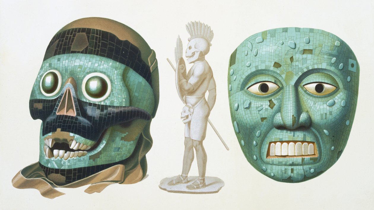 Til venstre: kraniemaske af guden Tezcatlipoca og højre: maske, der repræsenterer guden Quetzalcoatl eller Tonatiuh, ca. 1500, plade 43 fra 