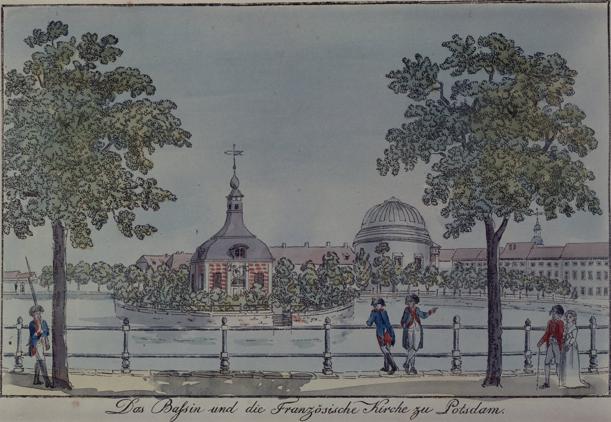 Bassinet og den franske kirke i Potsdam, ca.1796 (pen og blæk og wc på papir) af Johann Friedrich Nagel