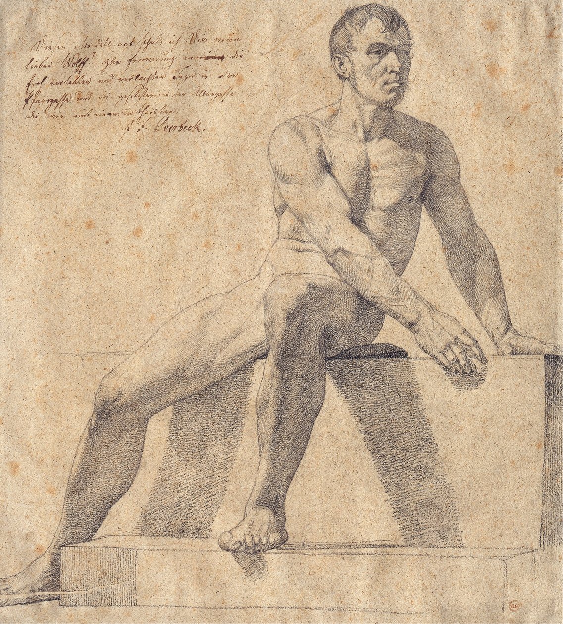Mandlig nøgen sidder på en piedestal af Friedrich Overbeck