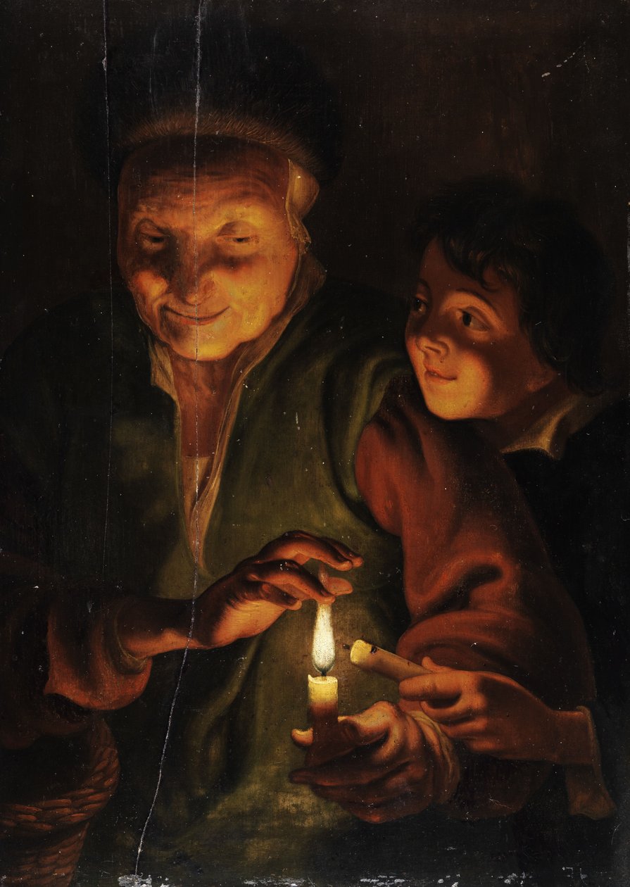 Gammel kvinde med dreng ved stearinlys af Johann Georg Trautmann