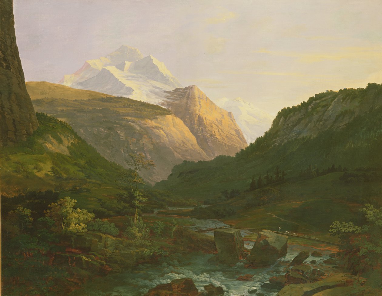 Jungfrau og Eiger (olie og gouache på papir lagt på lærred) af Johann Georg Volmar