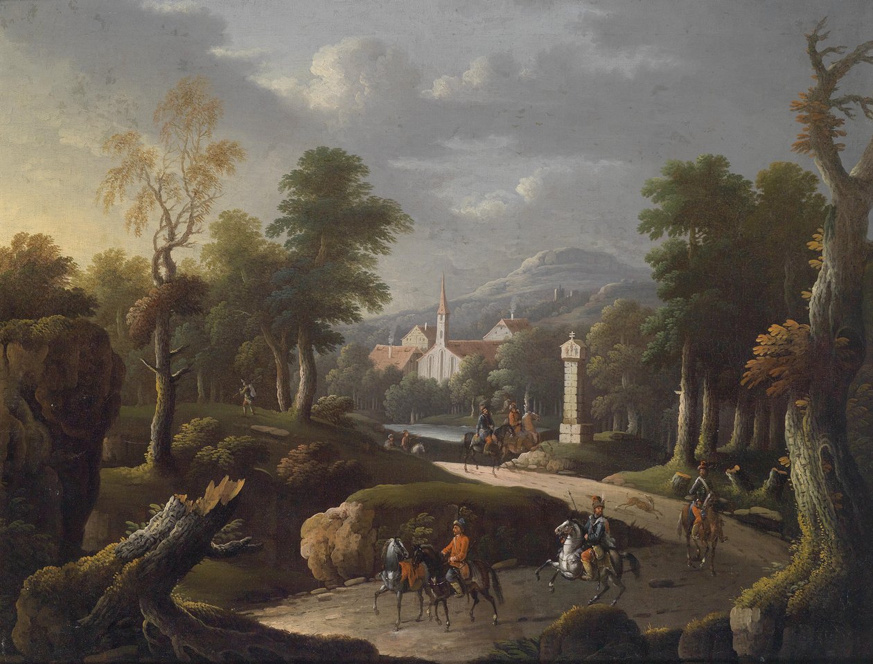 Bjergrige landskaber med rejsende af Johann Georg von Bemmel