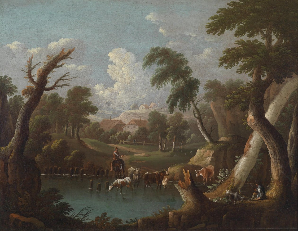 Bjergrige landskaber med drikkekvæg ved en dam af Johann Georg von Bemmel