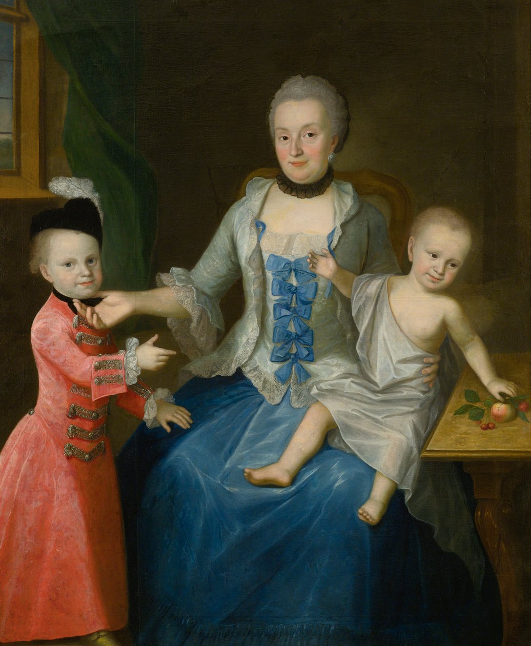 Portræt af Friederica Adolphina, grevinde af Schlieben, og hendes to sønner, Gotthelf Sigismund og Adolf Friedrich af Johann Gottlieb Becker
