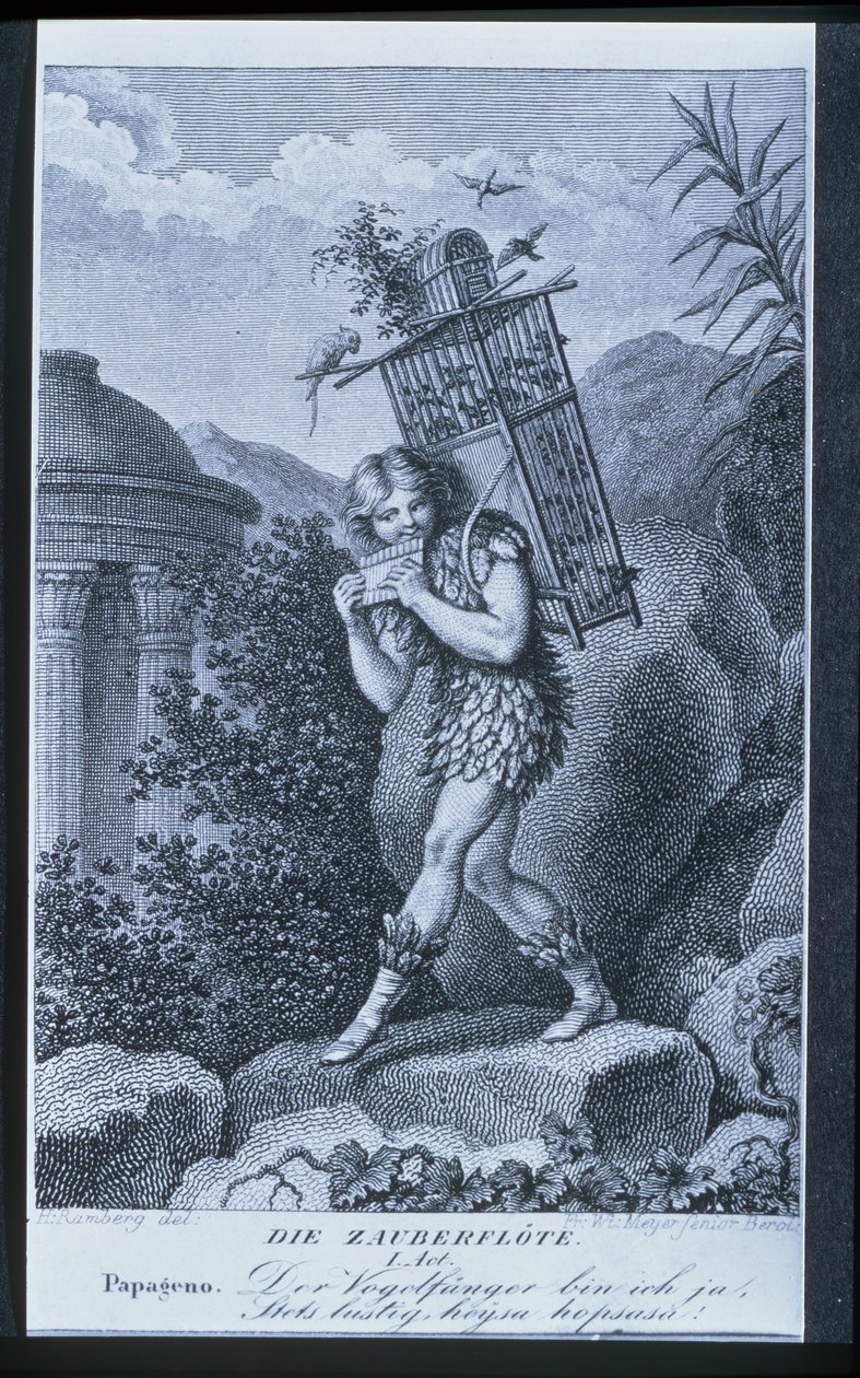 Papageno: Jeg er fuglefangeren, ja! Altid munter, fiddle-di-i, fiddle-di-da!, 1. akt af 