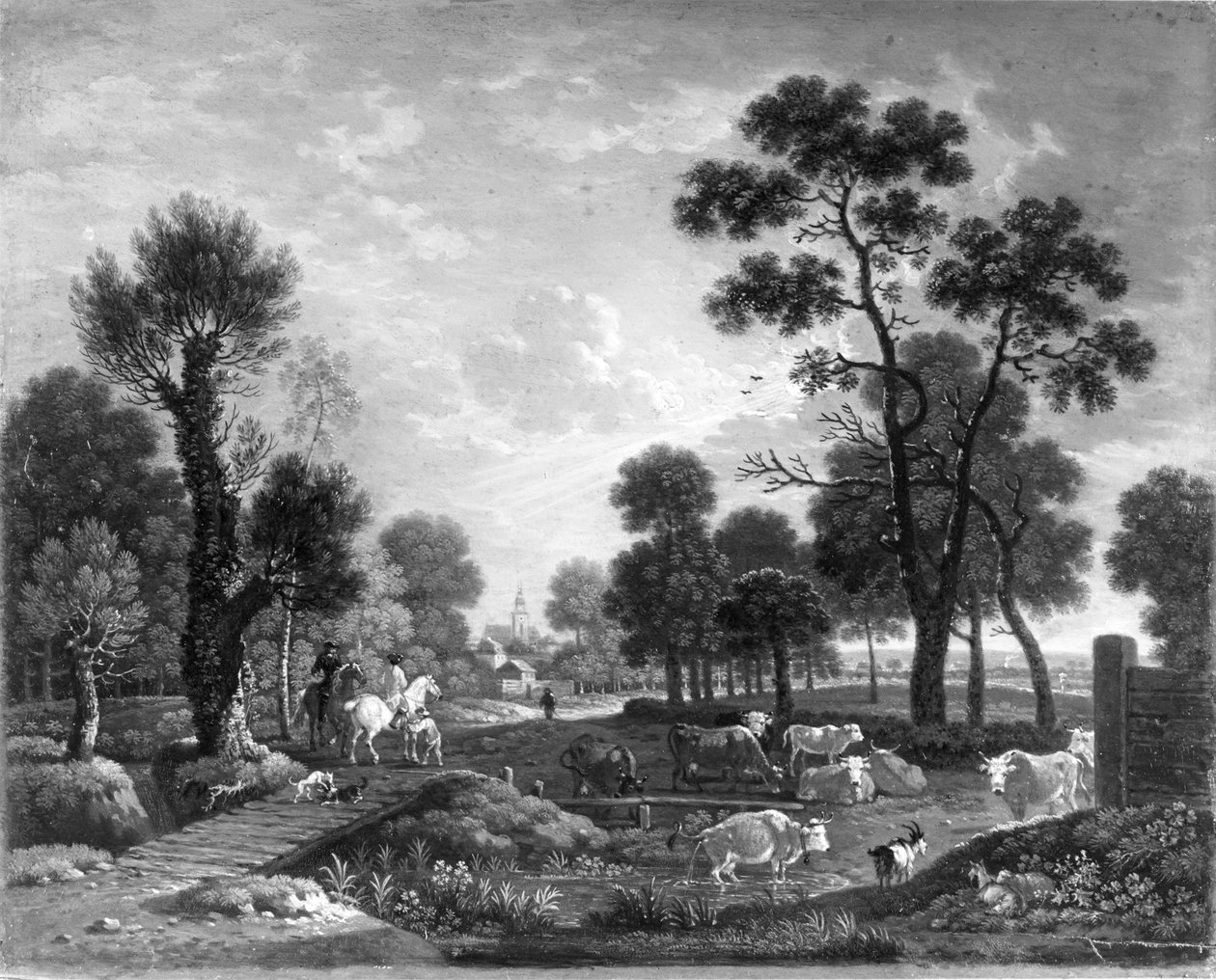 Landskab med ryttere og kvæg af Johann Heinrich Roos