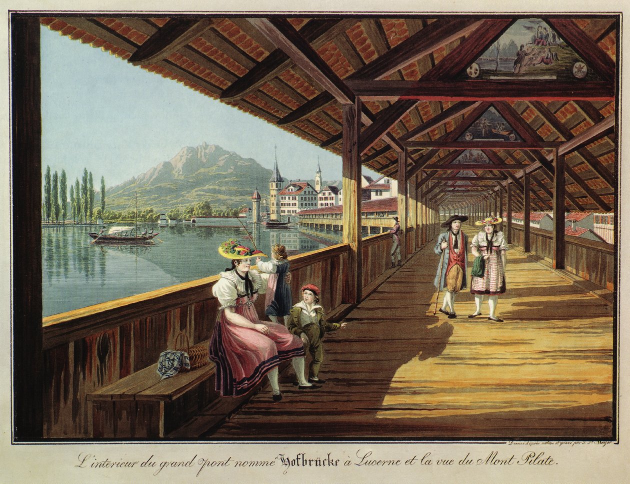 Det indre af den store bro kaldet Hofbrücke ved Lucerne og udsigt over Pilatus -bjerget af Johann Jakob Meyer