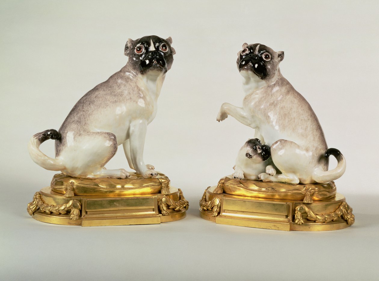 Par Meissen porcelænsfigurer af mopshunde monteret i Louis XVI ormolu, ca. 1750 (porcelæn) af Johann Joachim Kaendler