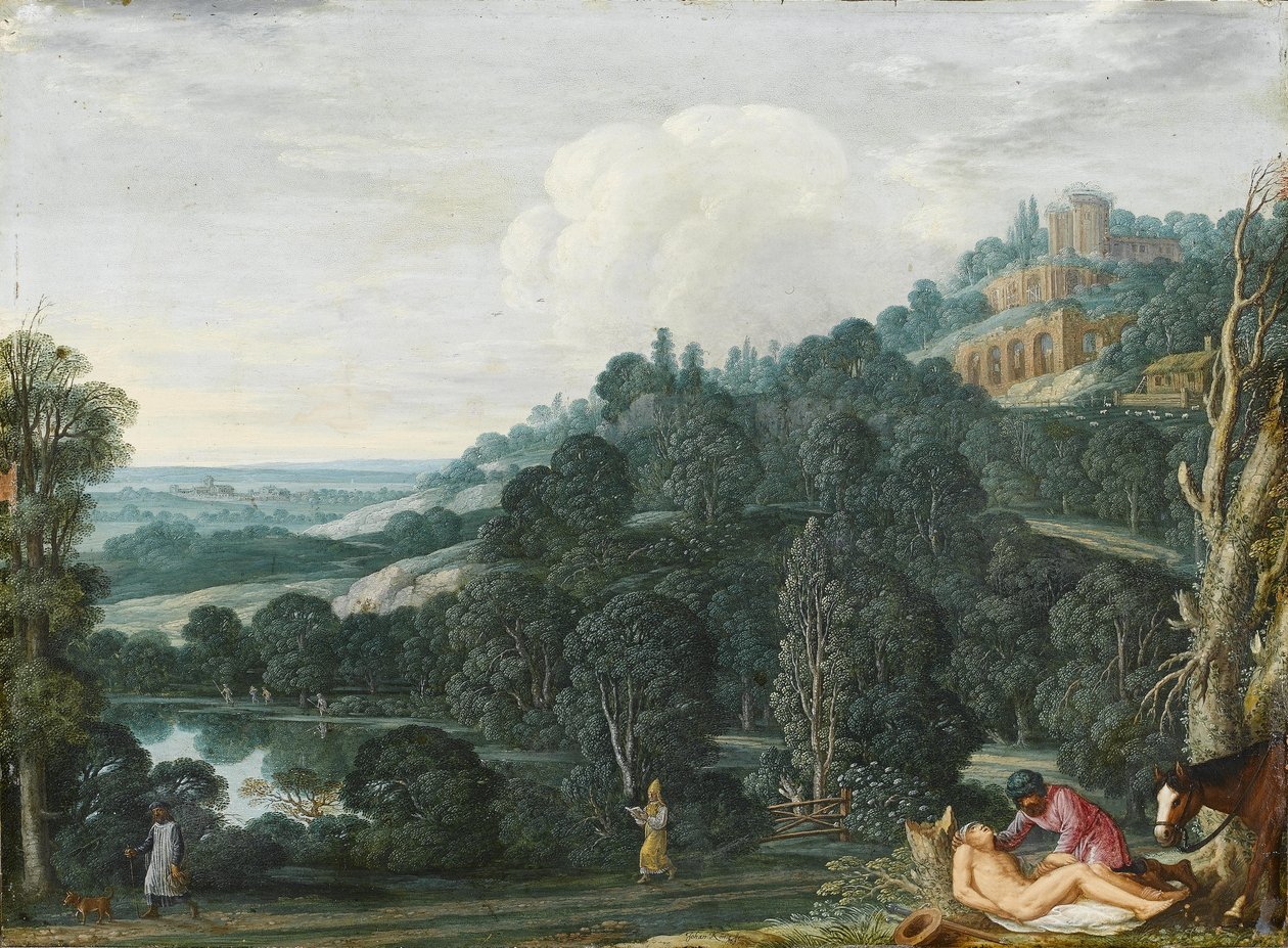 Et omfattende landskab med Den barmhjertige samaritaner af Johann or Hans Konig
