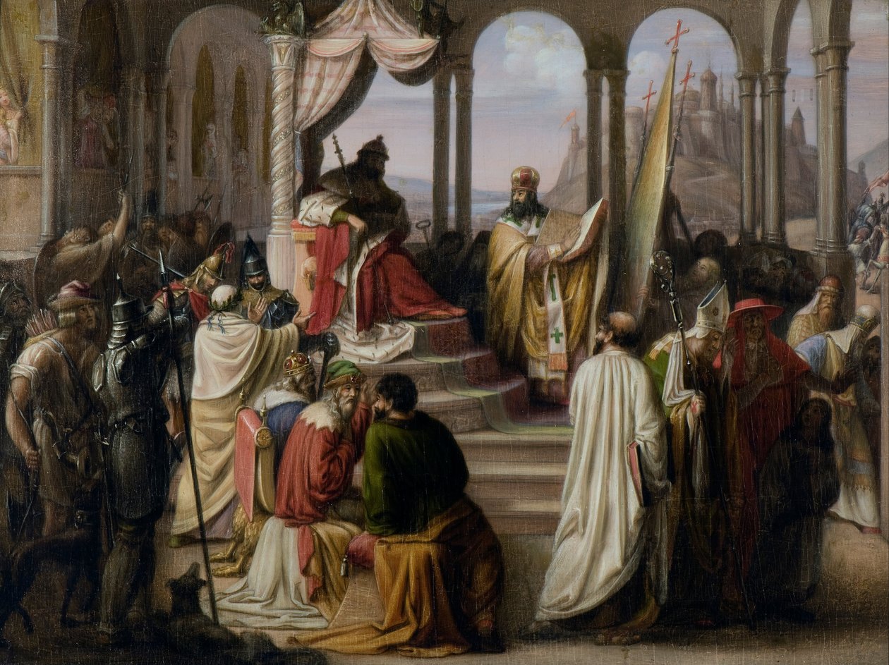 Prins Vladimir vælger en religion i 988. (En religiøs strid i den russiske domstol) af Johann Leberecht Eggink