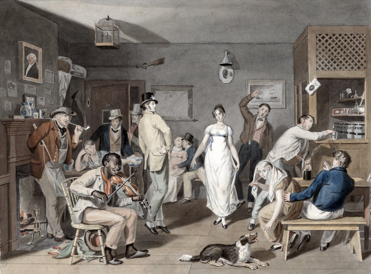 Landsdans, ca. 1820 (håndkoloreret gravering) af Johann Ludwig Krimmel