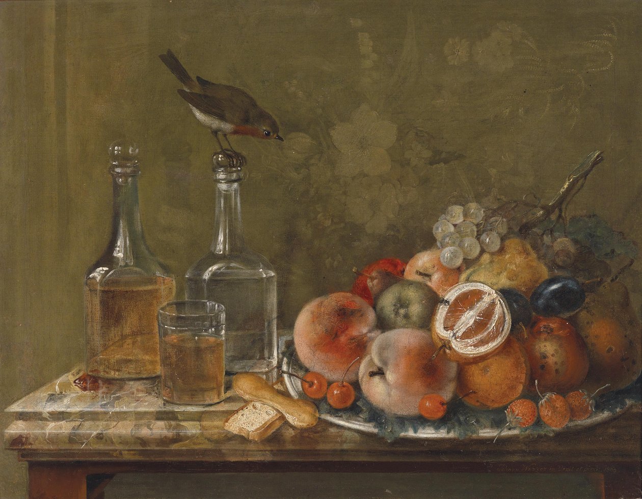 Stilleben med frugt og glaskarafler af Johann Matthias Wurzer