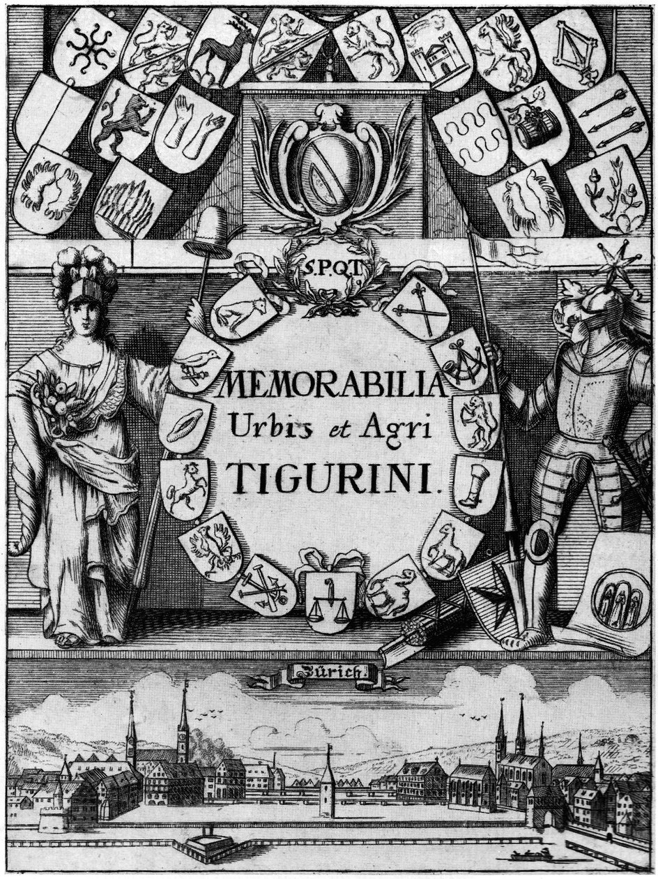 Titel kobber af den tredje, udvidede udgave af Hans Heinrich Bluntſchlis Memorabilibus Tigurinis, udgivet i 1742 af Johann Melchior Füßli