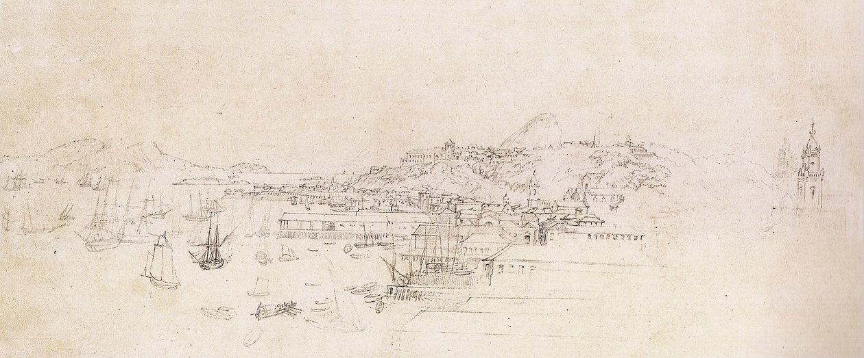 Undersøgelse for en udsigt taget fra kirken Sao Bento i Rio de Janeiro af Johann Moritz Rugendas