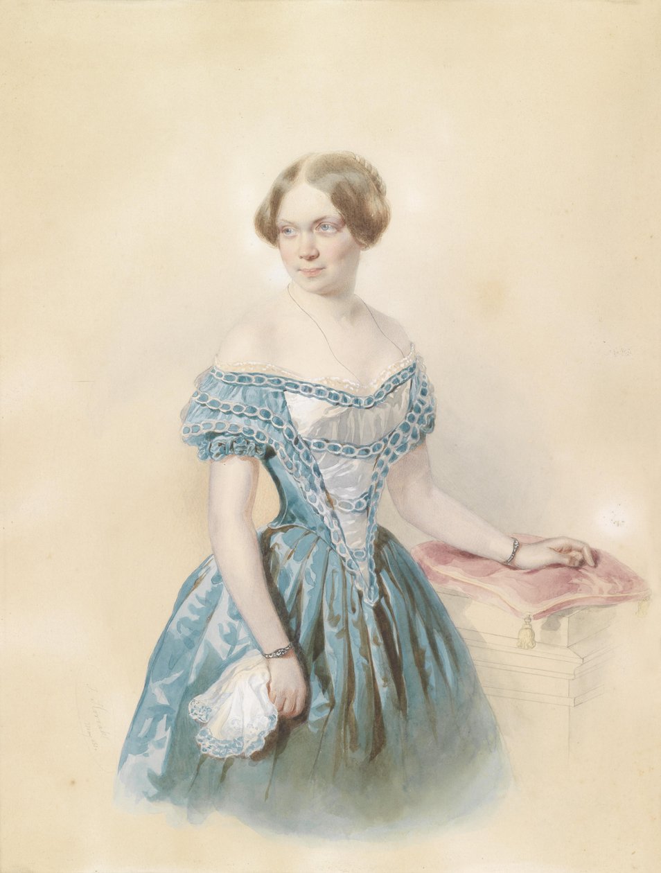 Portræt af en ung kvinde i en blå kjole, ifølge traditionen den unge Marie von Ebner Eschenbach af Johann Nepomuk Horrak