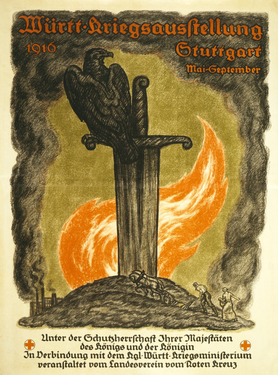 Plakat, der reklamerer for en krigsudstilling sponsoreret af Røde Kors Württ. Krigsudstilling, 1916 Stuttgart maj-september, ca. 1916 af Johann Vincenz Cissarz