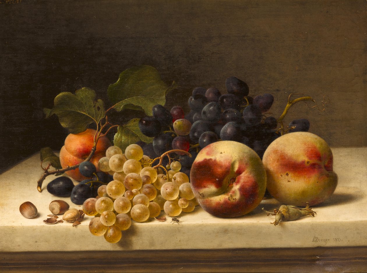 Stilleben med blommer, druer og hasselnødder af Johann Wilhelm Preyer