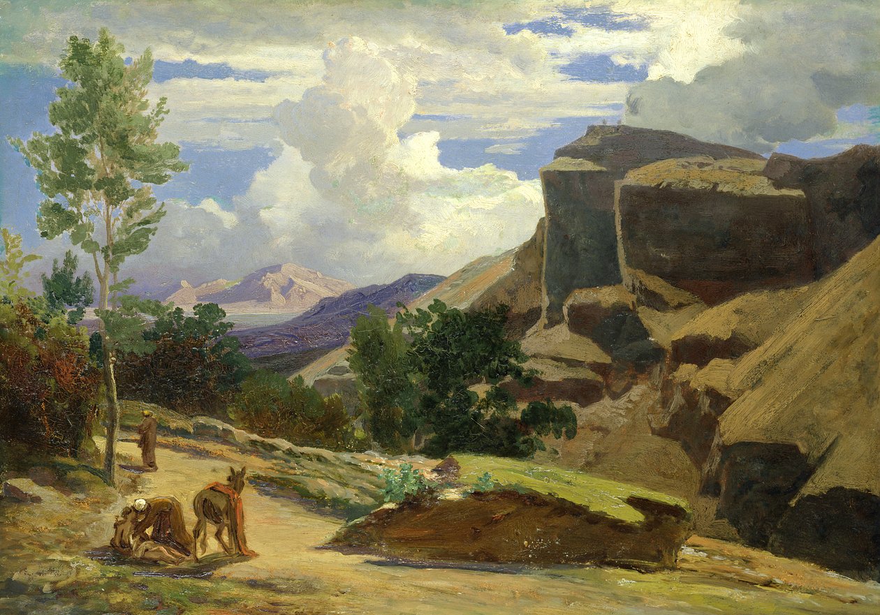 Italiensk landskab (studie) (olie på papir lagt på lærred) af Johann Wilhelm Schirmer