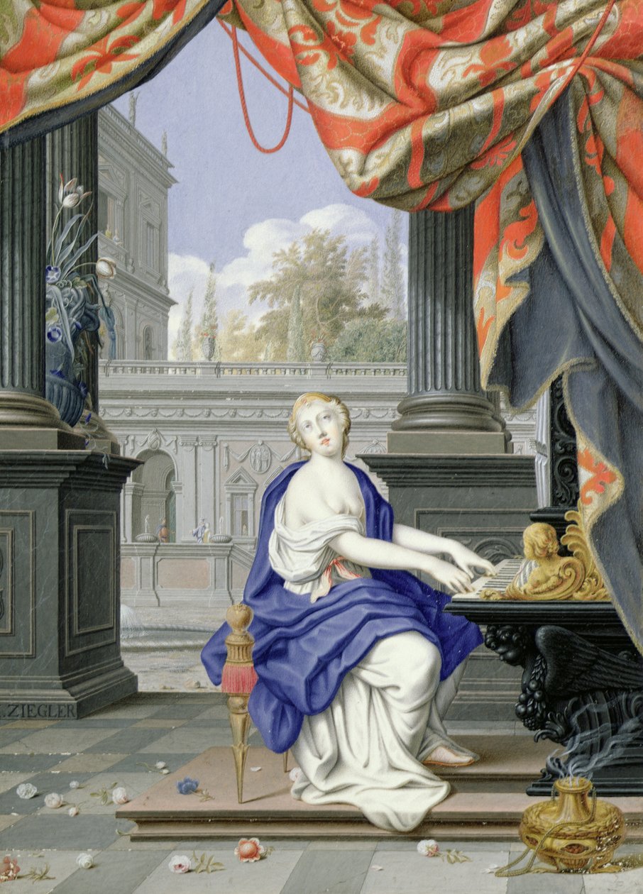 Den hellige Cecilia siddende og spillende på et orgel (wc og gouache på papir) af Johann Ziegler