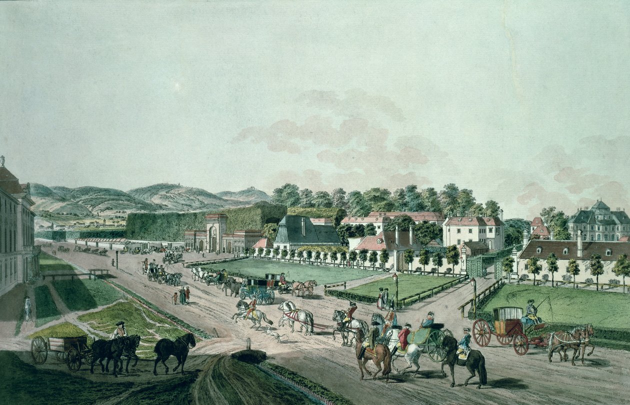 Udsigt over Augarten Palace og Park, Wien (håndfarvet gravering) af Johann Ziegler