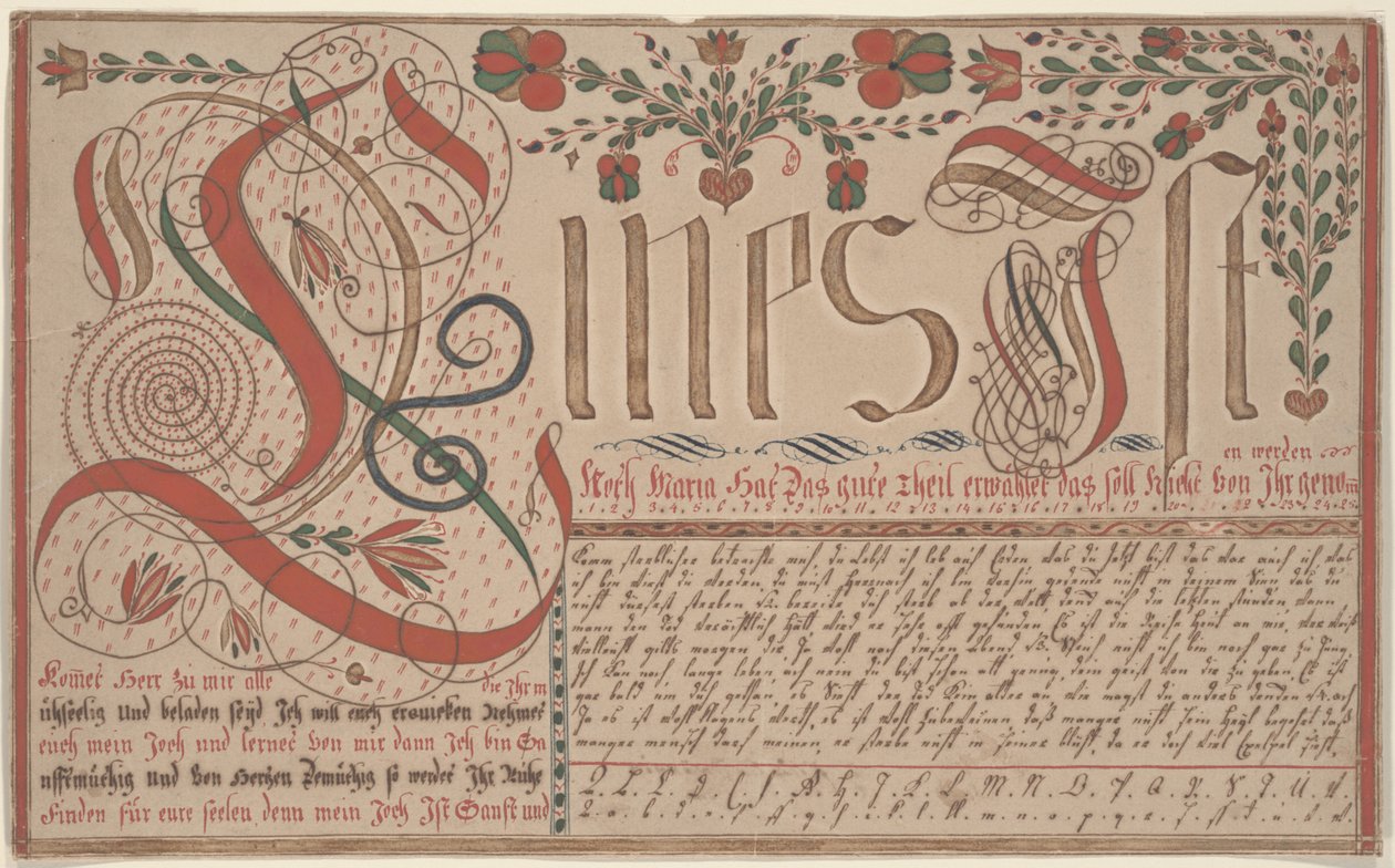Skriveøvelse Vorschrift for Esther Hadmänn, Fraktur Painting pen & blæk med wc på papir af Johann Adam Eyer