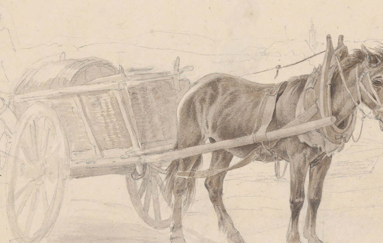 En vogn trukket af en brun hest nær en lampestang, Verso: En gruppe beredne officerer, ca. 1815. af Johann Adam Klein