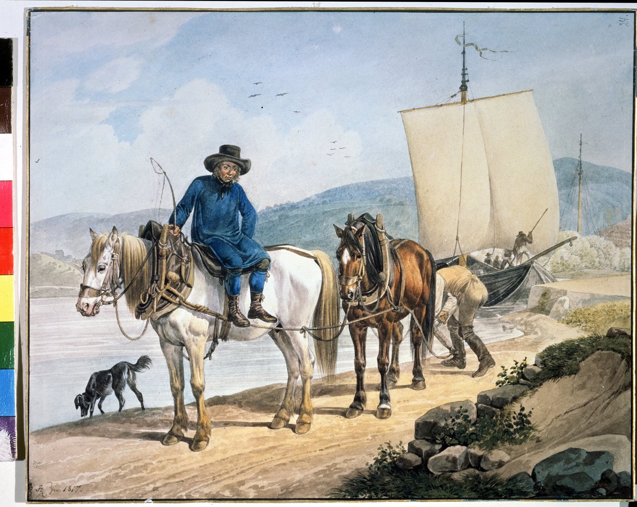 ""En hest og vogn ved floden"". Heste langs en flod, der trækker en båd eller bruges til at losse varer på en slæbesti". Maleri af Johann Adam Klein (1792-1875) af Johann Adam Klein