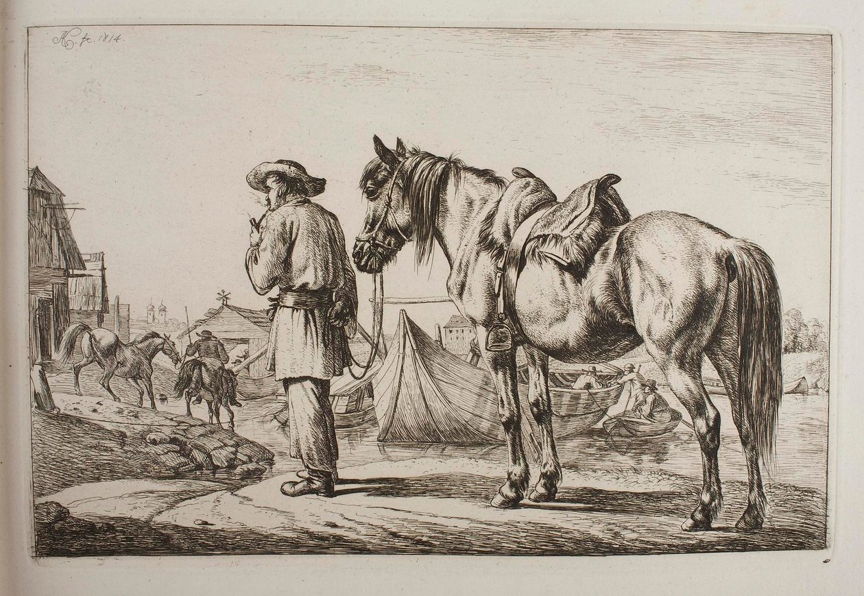 En slovak med sin hest ved en flod af Johann Adam Klein