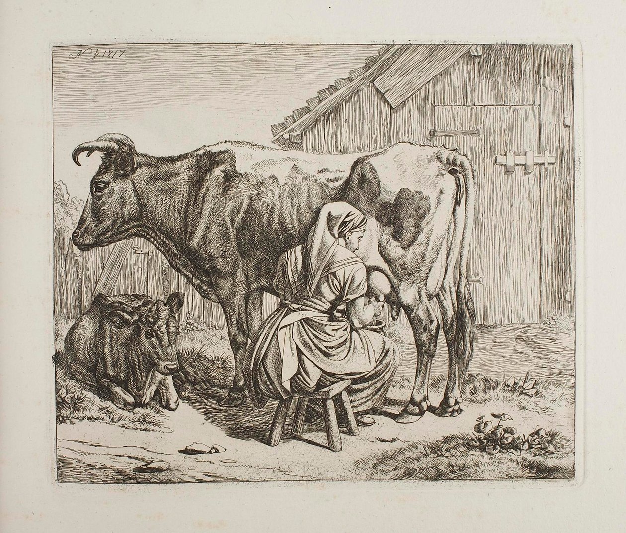 Ko med kalv, der bliver malket af Johann Adam Klein