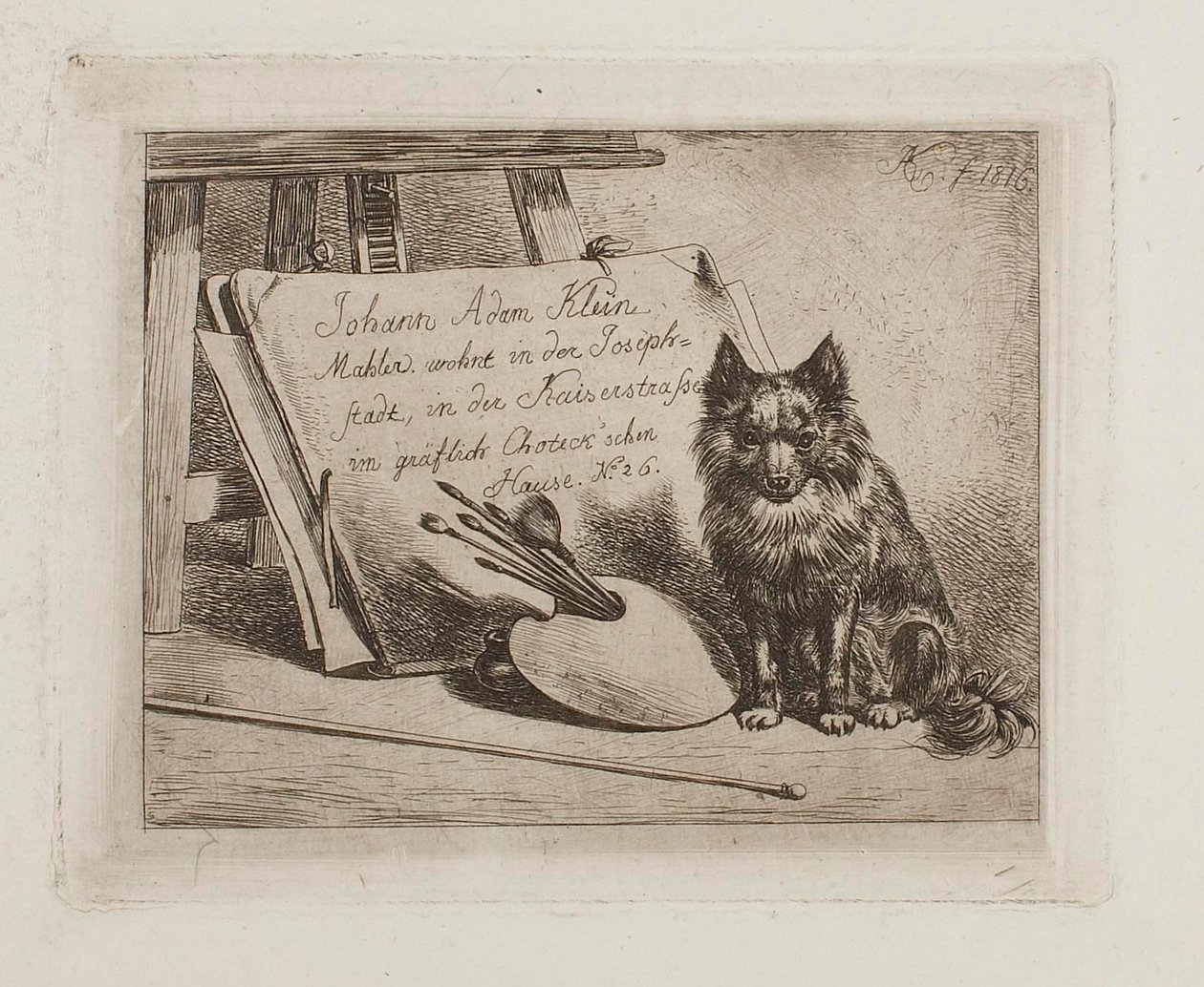 Siddende hund ved malerens redskaber og mappen med kunstnerens adresse af Johann Adam Klein