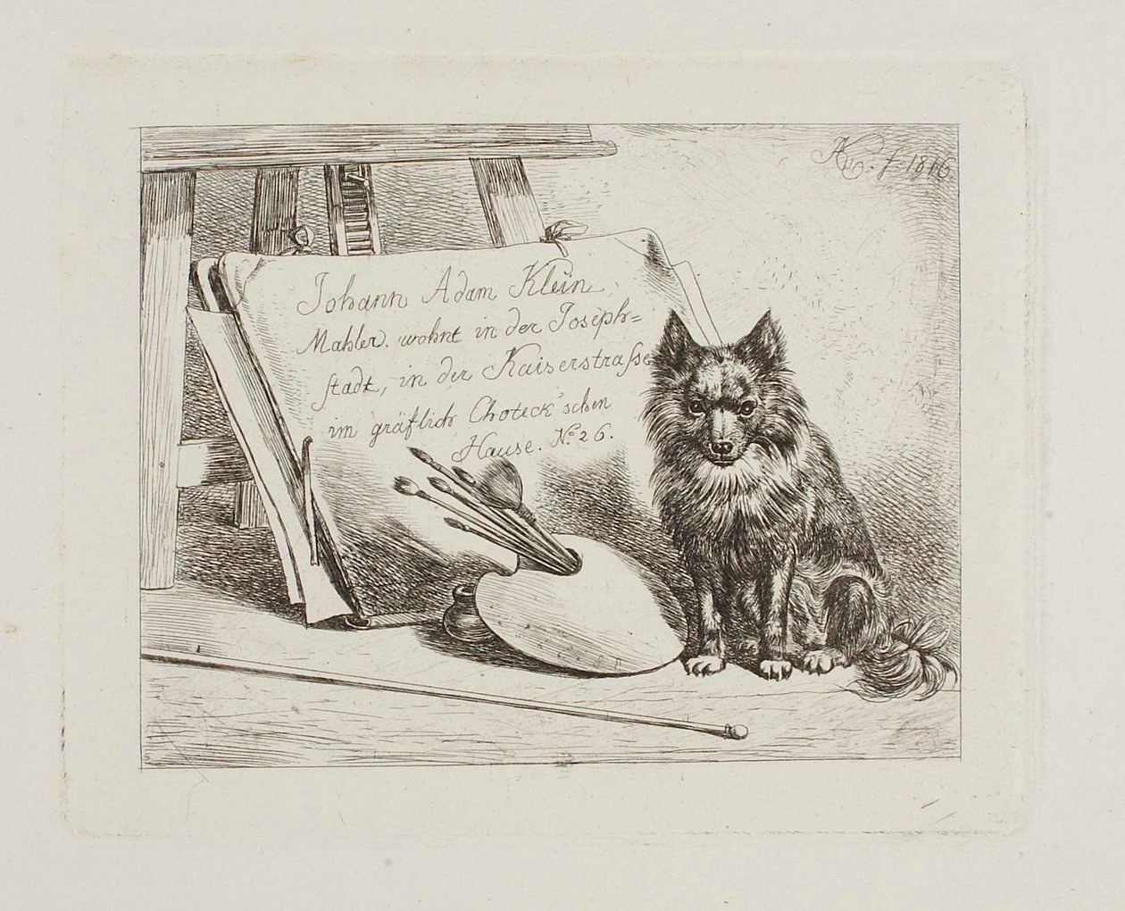 Hund, der sidder ved malerredskaberne og porteføljen med kunstnerens adresse af Johann Adam Klein