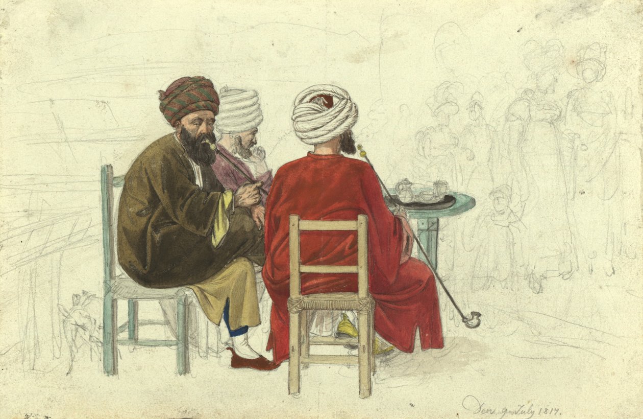 Tre tyrkere (henholdsvis grækere), der sidder omkring et bord i kaffehuset Augustini på Rotenturmbastei af Johann Adam Klein
