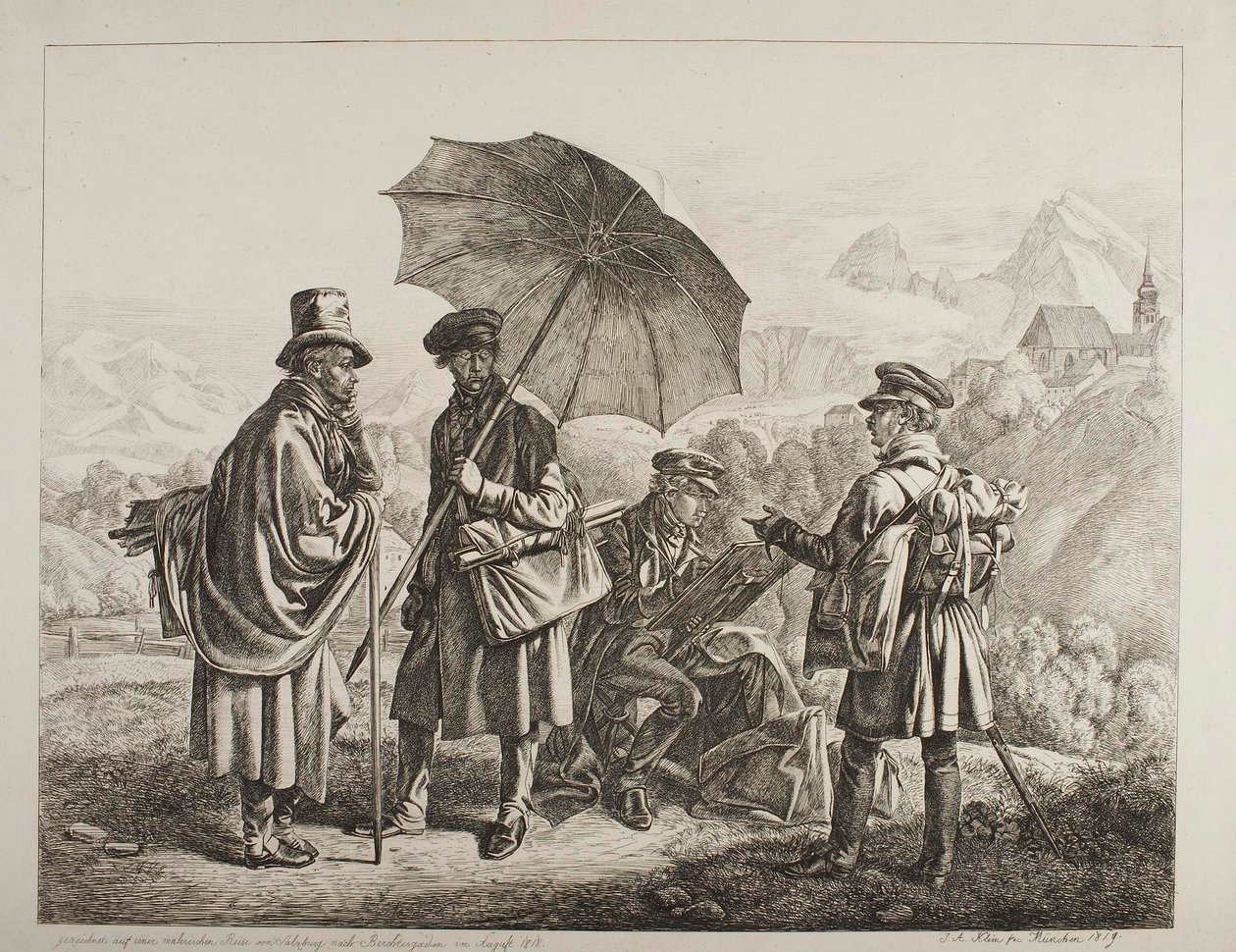 Ernst Welker, Johann Christoph Erhard og brødrene Heinrich og Friedrich Philipp Reinhold på en malerisk rejse fra Salzburg til Berchtesgaden i august 1818 af Johann Adam Klein