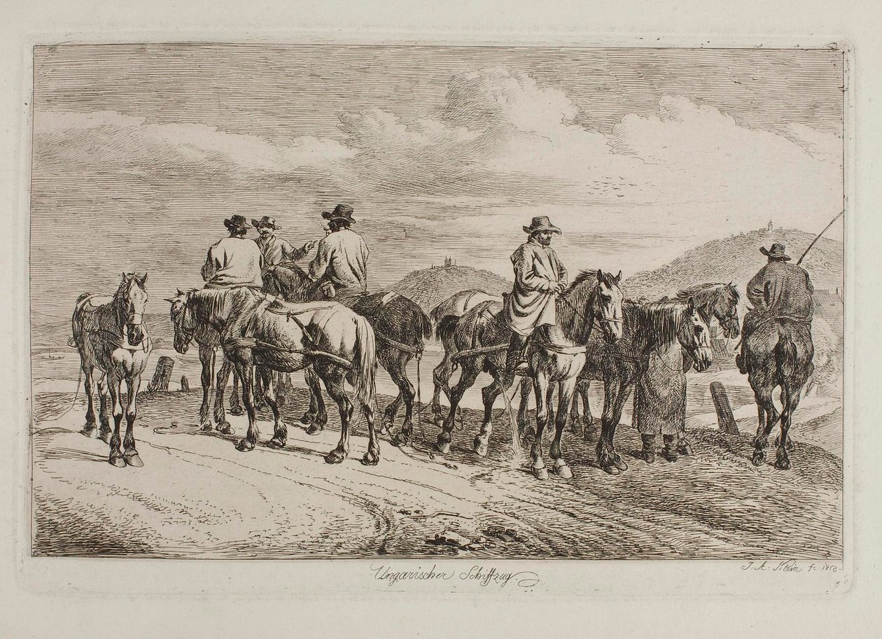 Ungarske heste og ryttere er klar til at trække en båd op ad floden af Johann Adam Klein