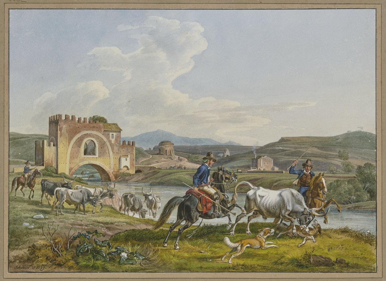 Romerske campagnoli til hest indfanger en tyr med hjælp fra hunde af Johann Adam Klein