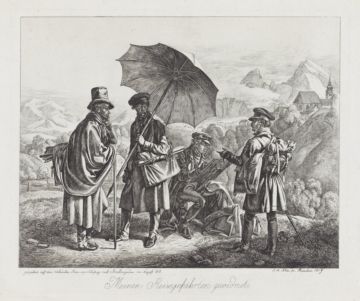 The Artists on their Journey, pub. 1819 af Johann Adam Klein