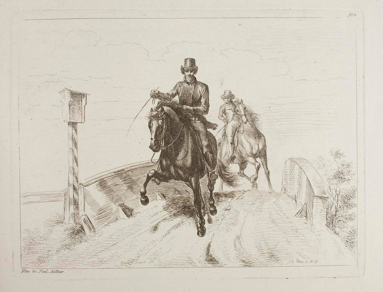 To ryttere i galop på en bro af Johann Adam Klein