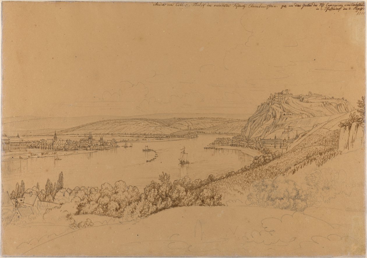 Udsigt over Koblenz med Rhinen og fæstningen Ehrenbreitstein (recto); Udsigt over Heidelberg Slot (verso) af Johann Adam Klein