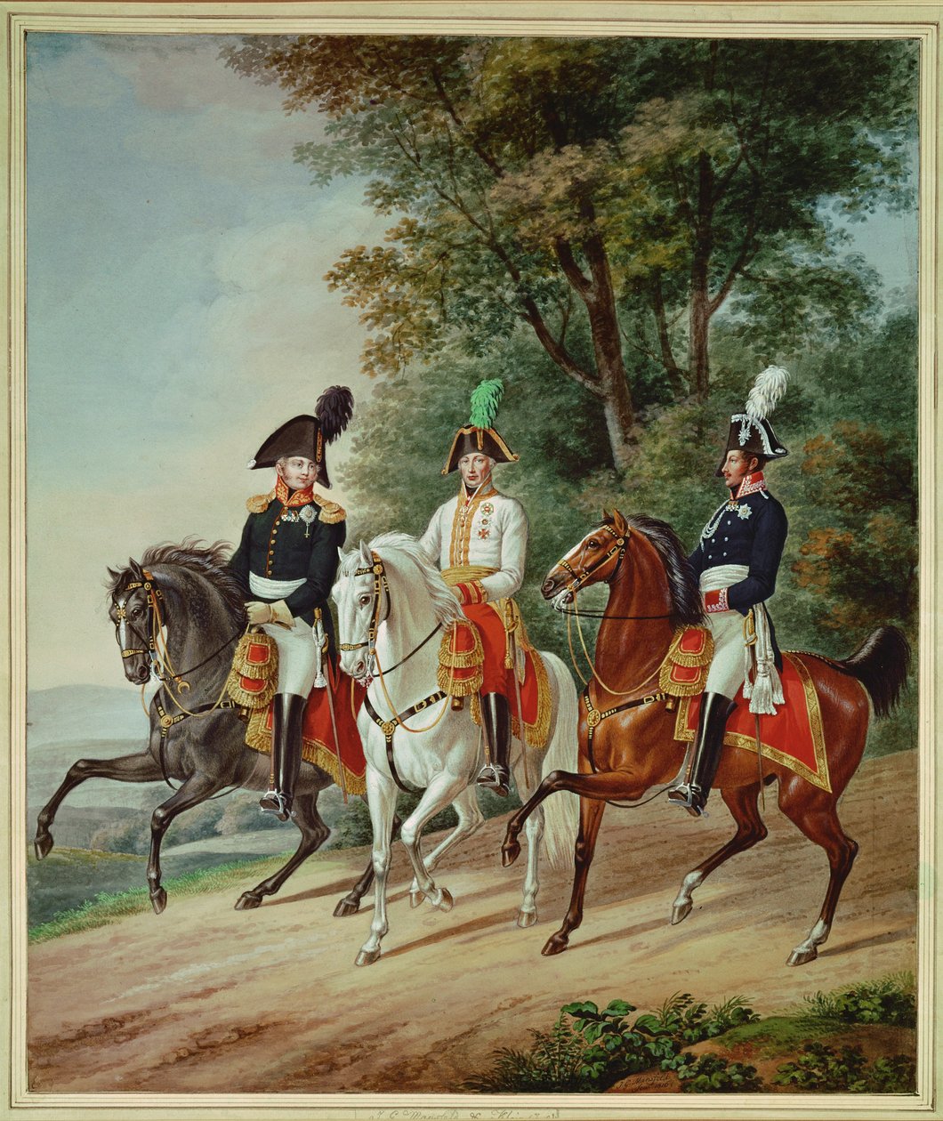 De tre monarker på hesteryg: Kejser Franz I, tsar Alexander I, kong Friedrich Wilhelm III af Johann Adam & Mansfeld Johann Georg (1764 1817) Klein