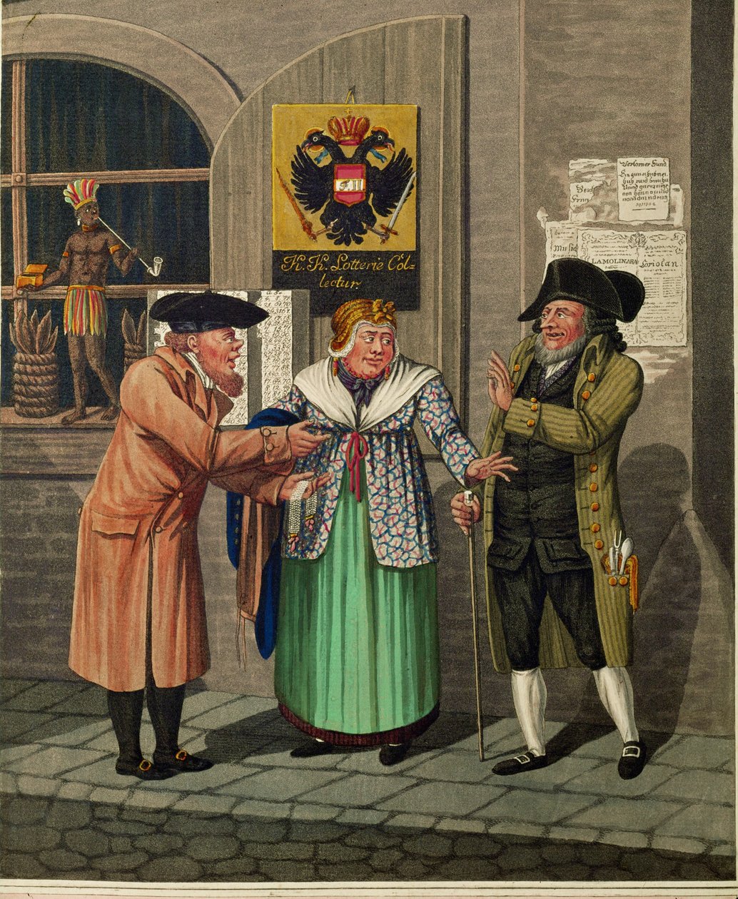 Tre wienske jøder foran et statsligt lotterikontor og en tobaksbutik ... af Johann Adolph Opitz