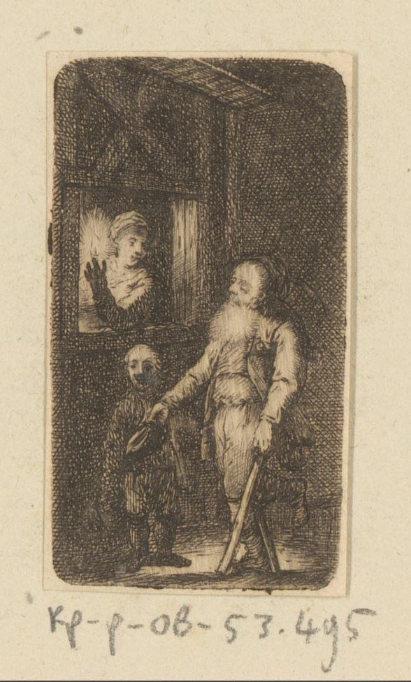 Forkrøblet gammel tigger med dreng og kvinde foran vinduet af Johann Andreas Benjamin Nothnagel